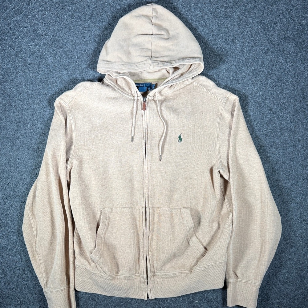 Polo Ralph Lauren Mens Medium Tan Beige Full Zip Hoodie Cotton Knit Green Pony